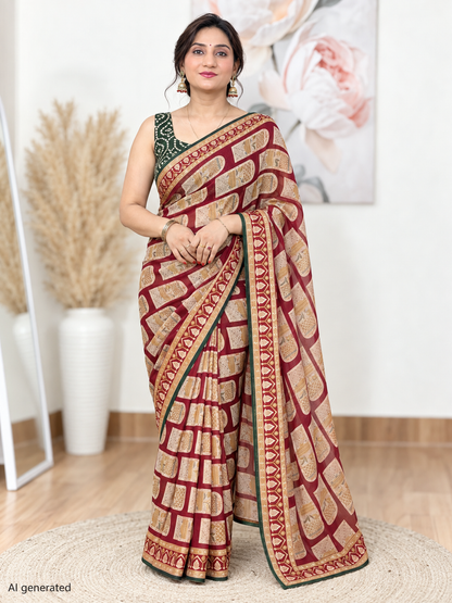 Maroon Printed Brasso Saree – Rich, Contemporary Elegance