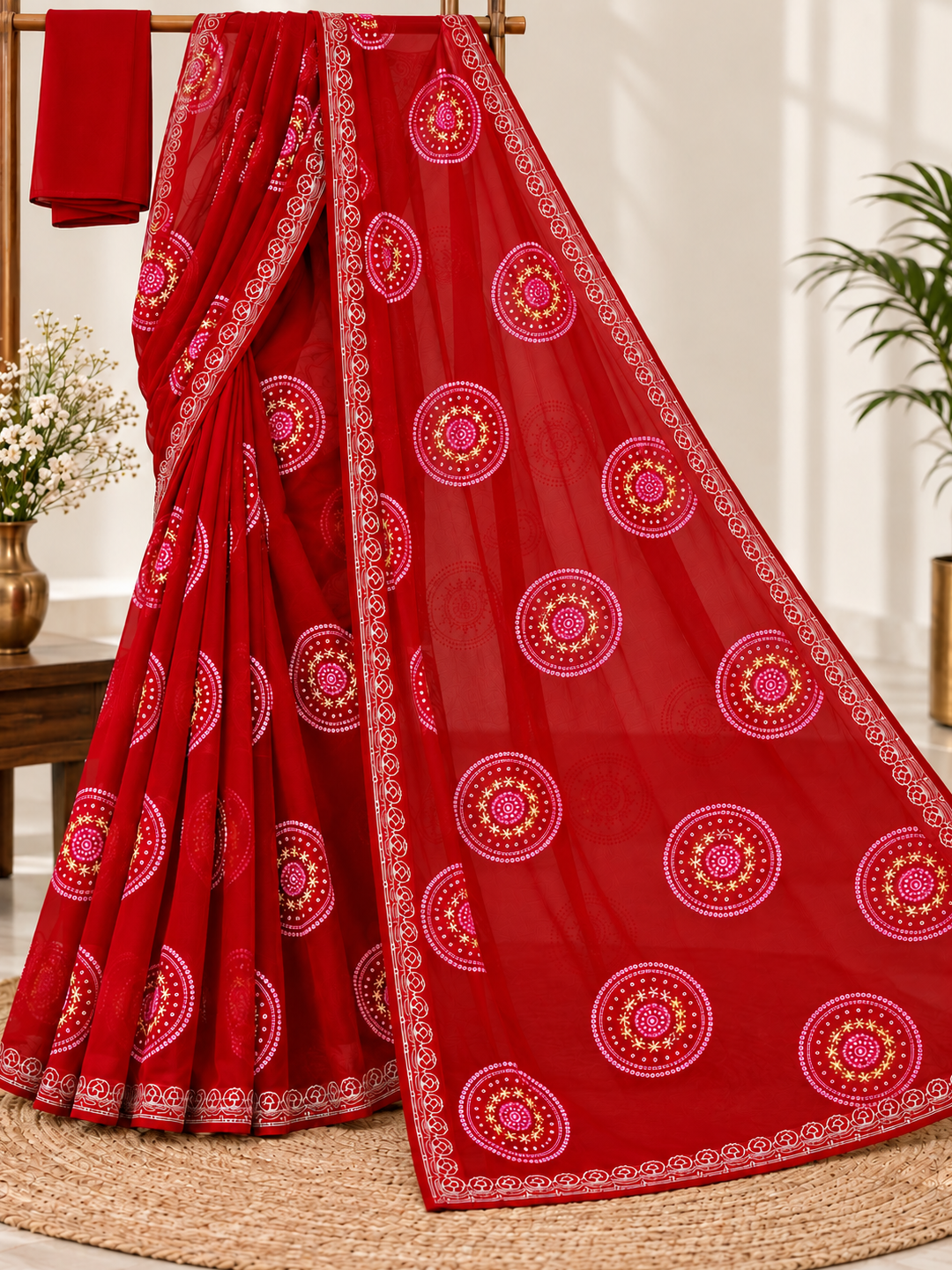 Red Hand-Painted Bandhani Georgette Saree – Festive Wear