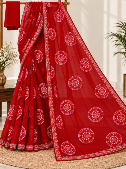 Red Hand-Painted Bandhani Georgette Saree – Festive Wear