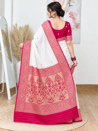 White and Magenta Banarasi Silk Saree – Classic, Luxe Elegance