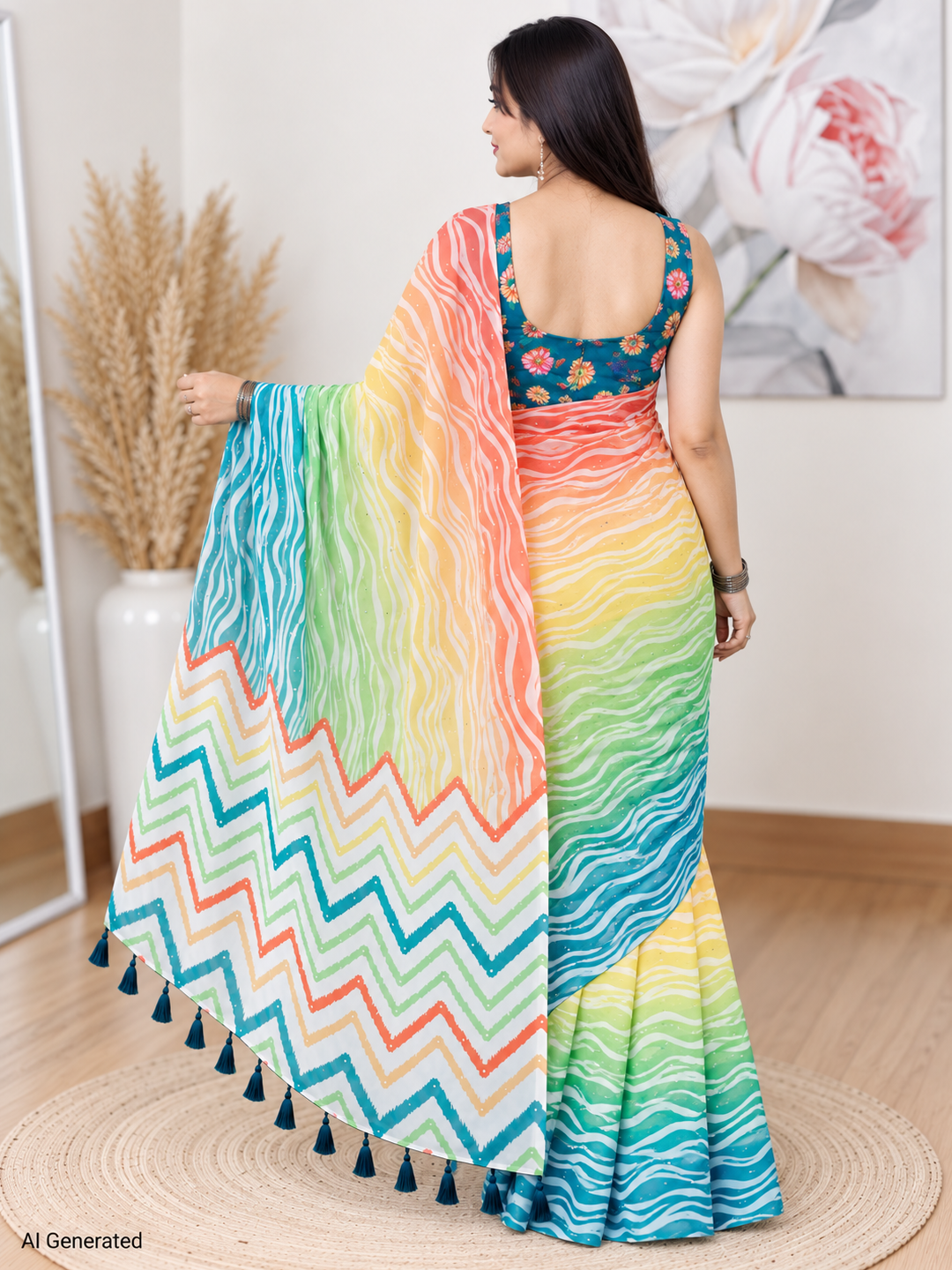 Rainbow Waves Laharia Saree – Georgette – Vibrant, Traditional Elegance