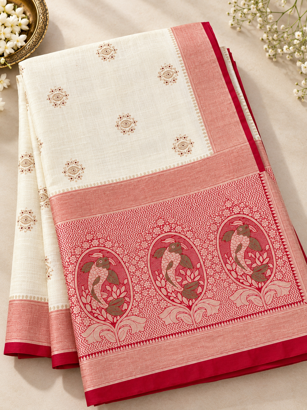 Off-White and Red Border Silk Saree