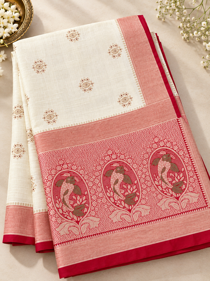Off-White and Red Border Silk Saree