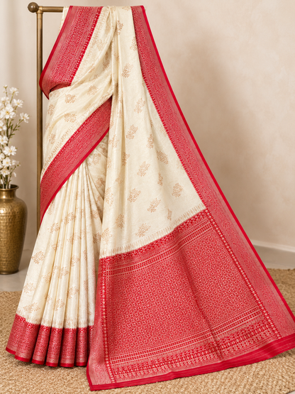 Off-White and Red Border Silk Saree