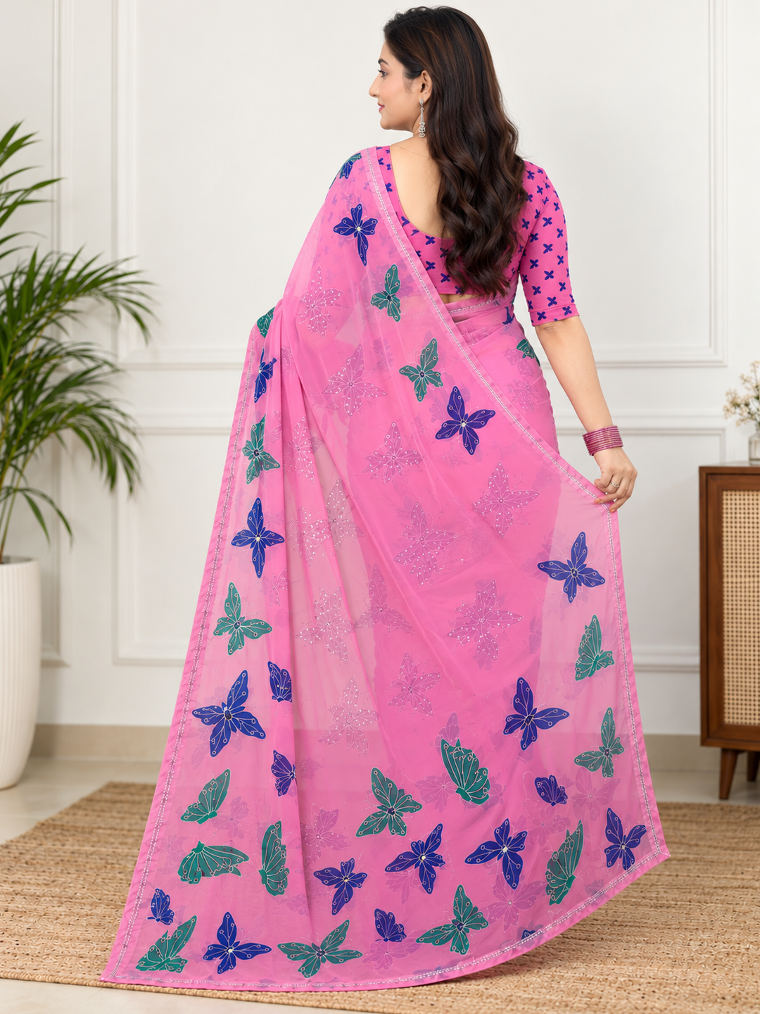 Pink Butterfly Print Georgette Saree