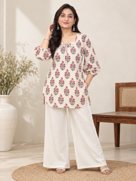 Ivory Blossom Short Cotton Kurti
