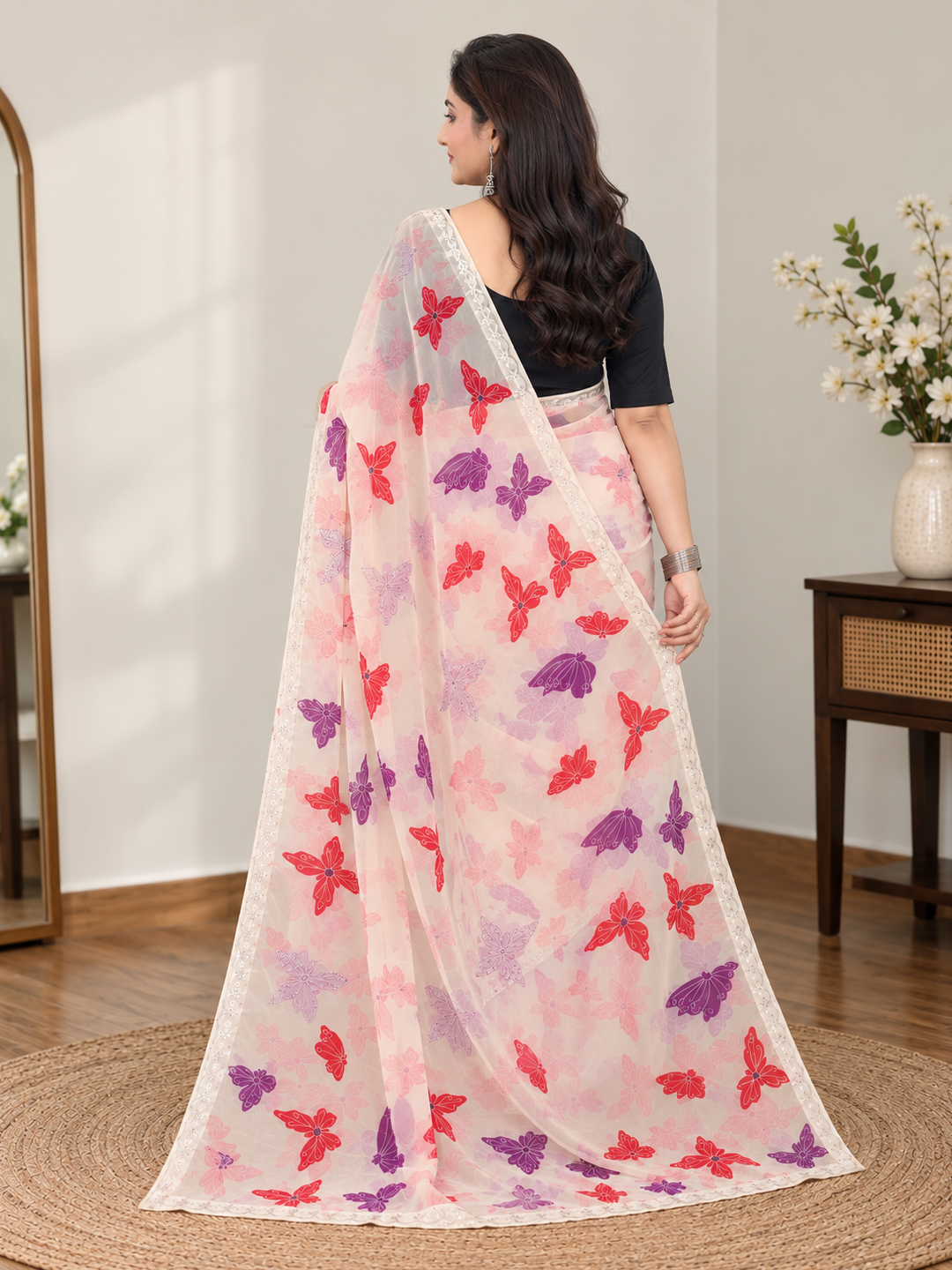 Off-White Butterfly Print Georgette Saree