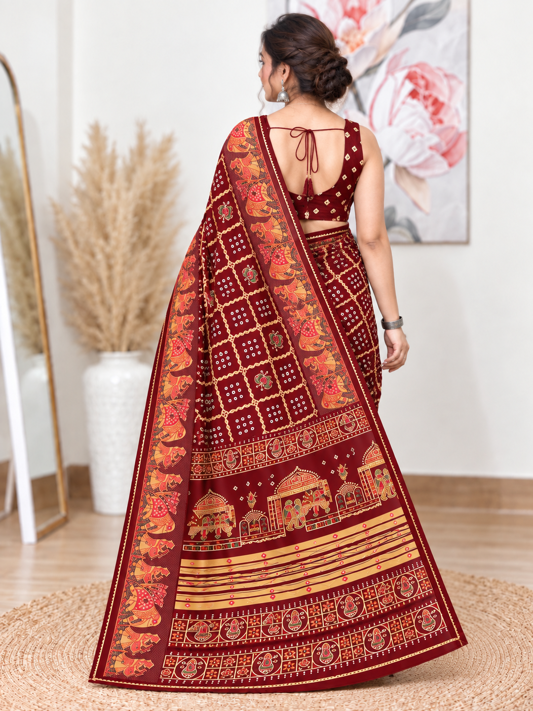 Maroon Chuneri Saree (Moss Crush) – Rich, Textured Elegance