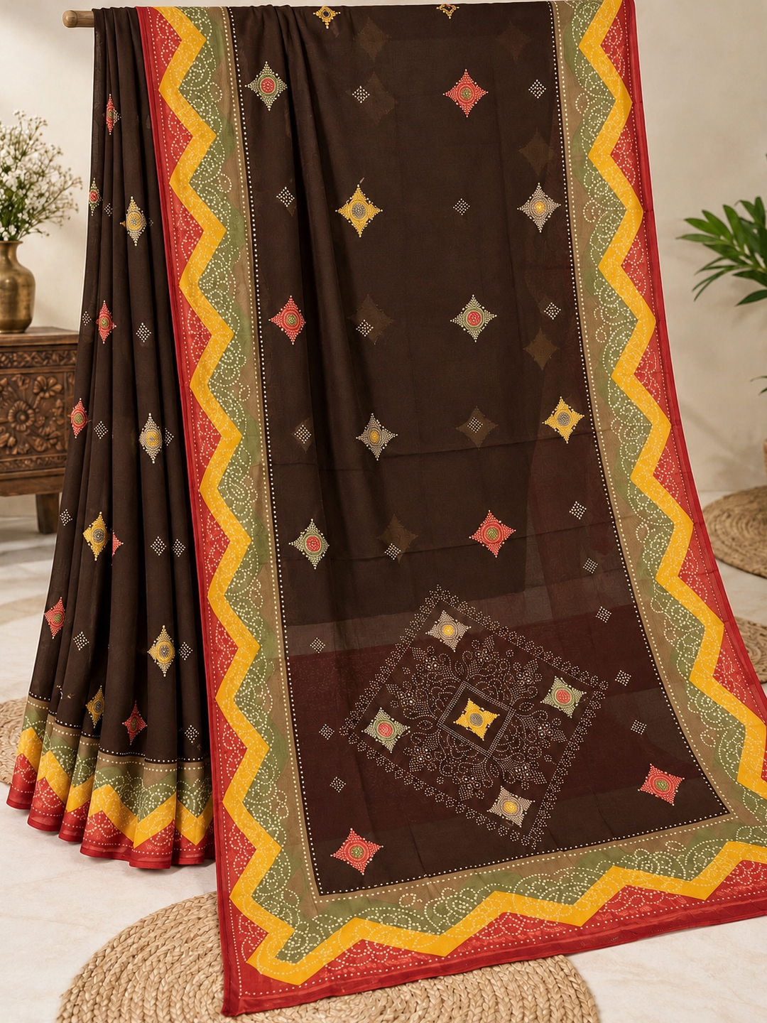 Chocolate Brown Bandhani Georgette Saree