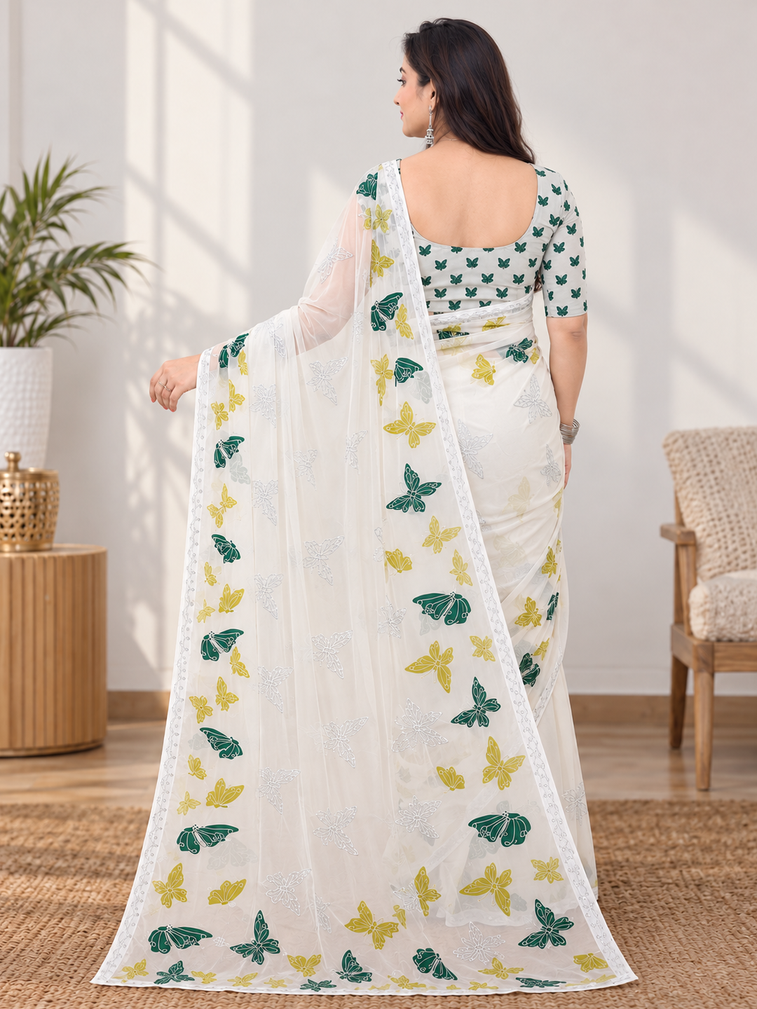 Off-White Butterfly Print Georgette Saree