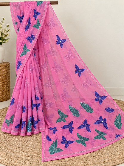 Pink Butterfly Print Georgette Saree