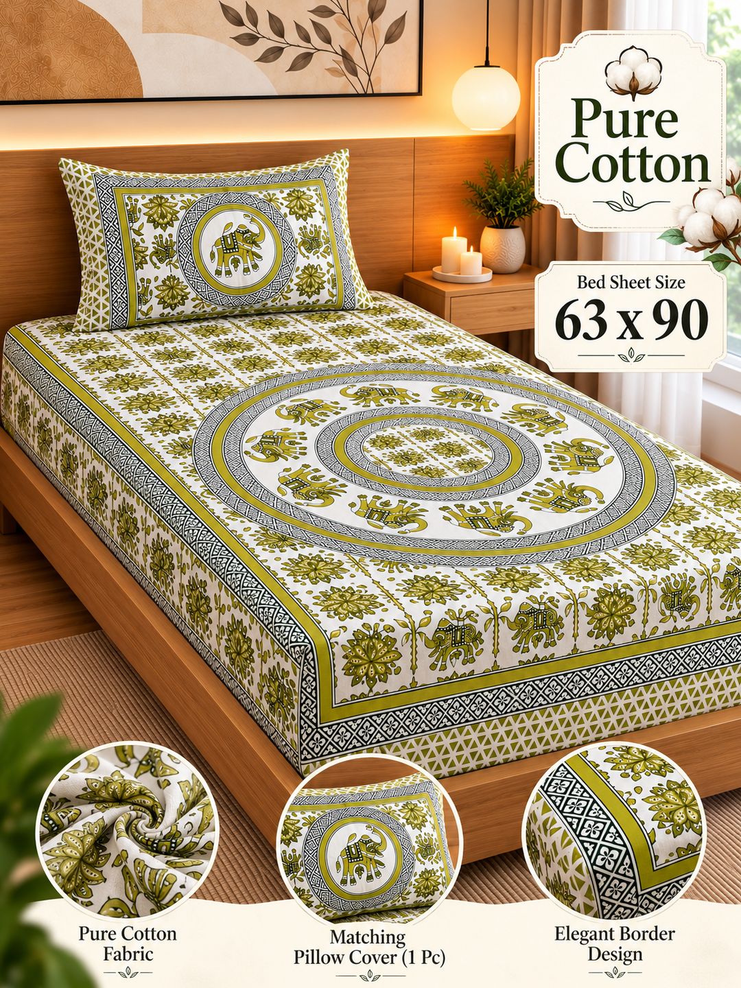 Jaipuri Print Cotton Single Bedsheet – 63 × 90 Inches