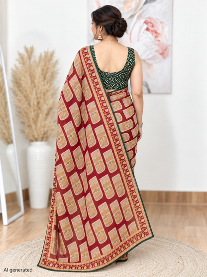 Maroon Printed Brasso Saree – Rich, Contemporary Elegance