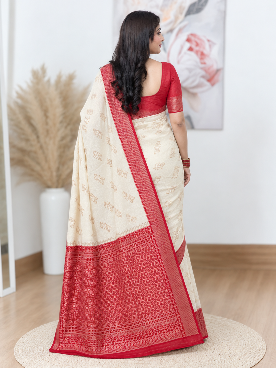 Off-White and Red Border Silk Saree