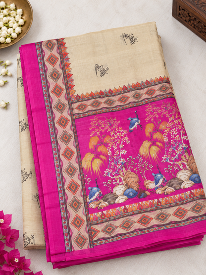 Beige and Pink Georgette Saree