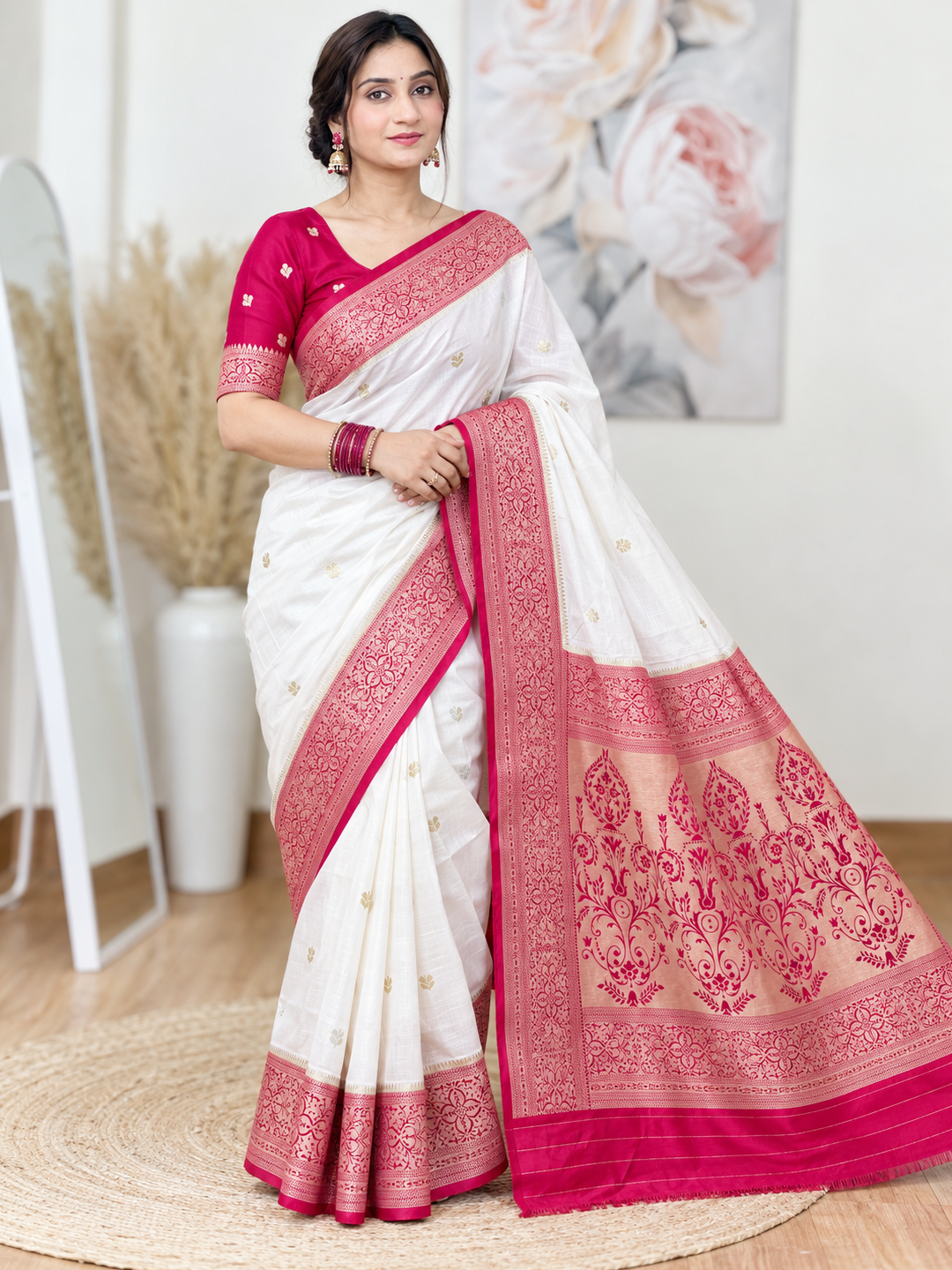 White and Magenta Banarasi Silk Saree – Classic, Luxe Elegance