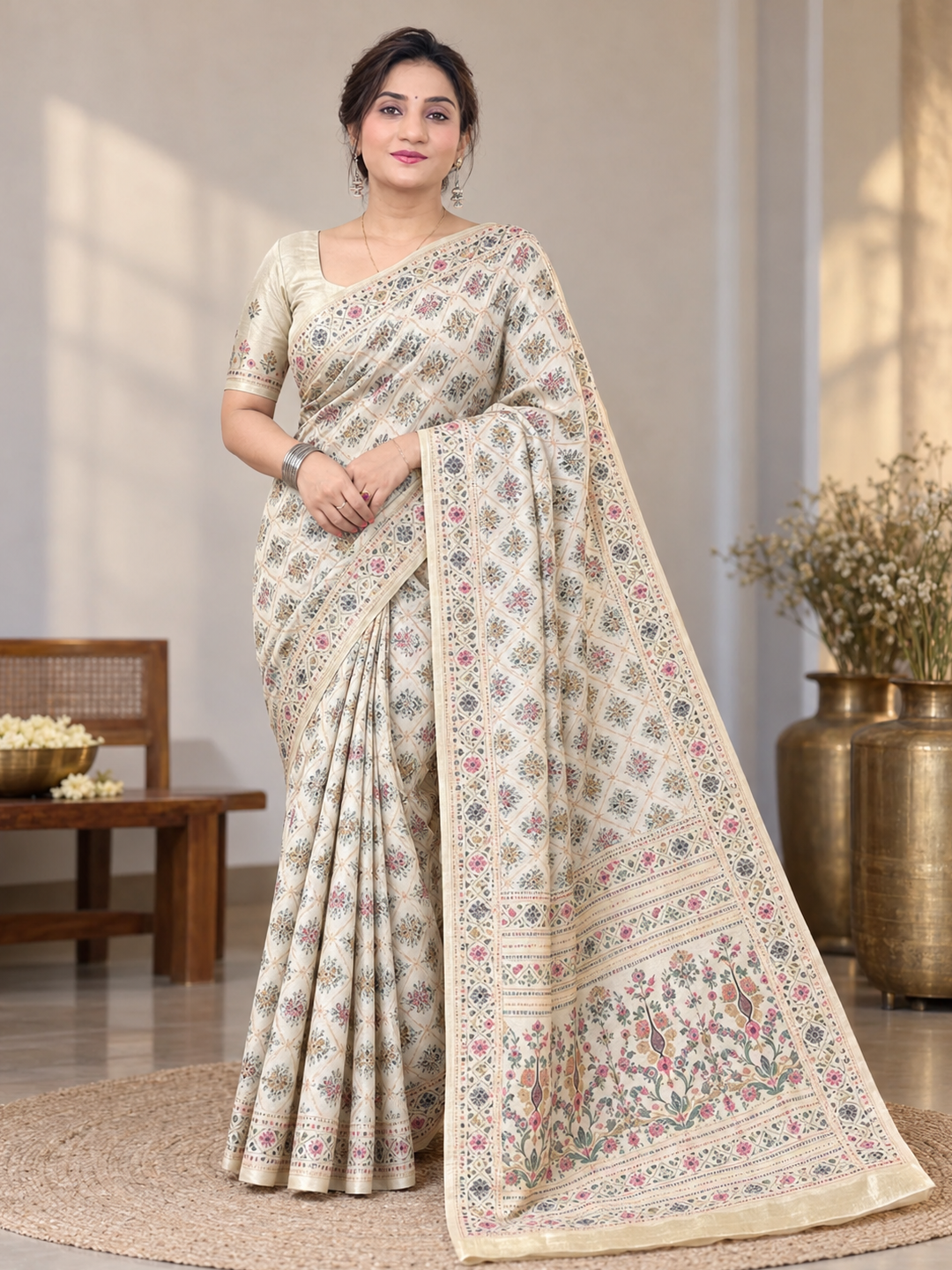Ivory Garden Elegance Silk Saree