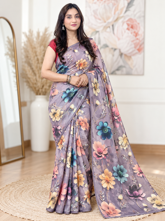 Purple Floral Digital Print Georgette Saree