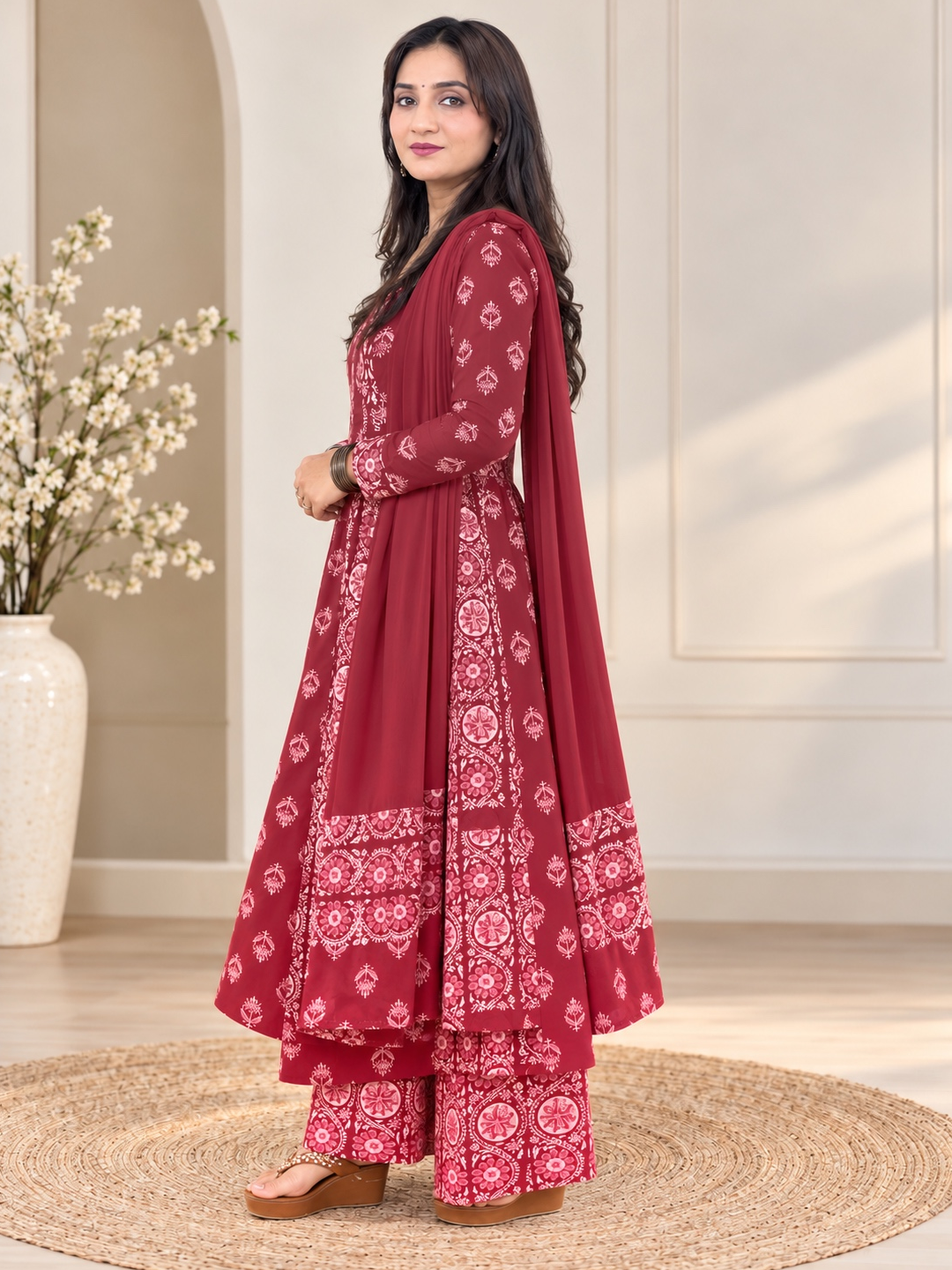 Maroon Cotton Anarkali Suit