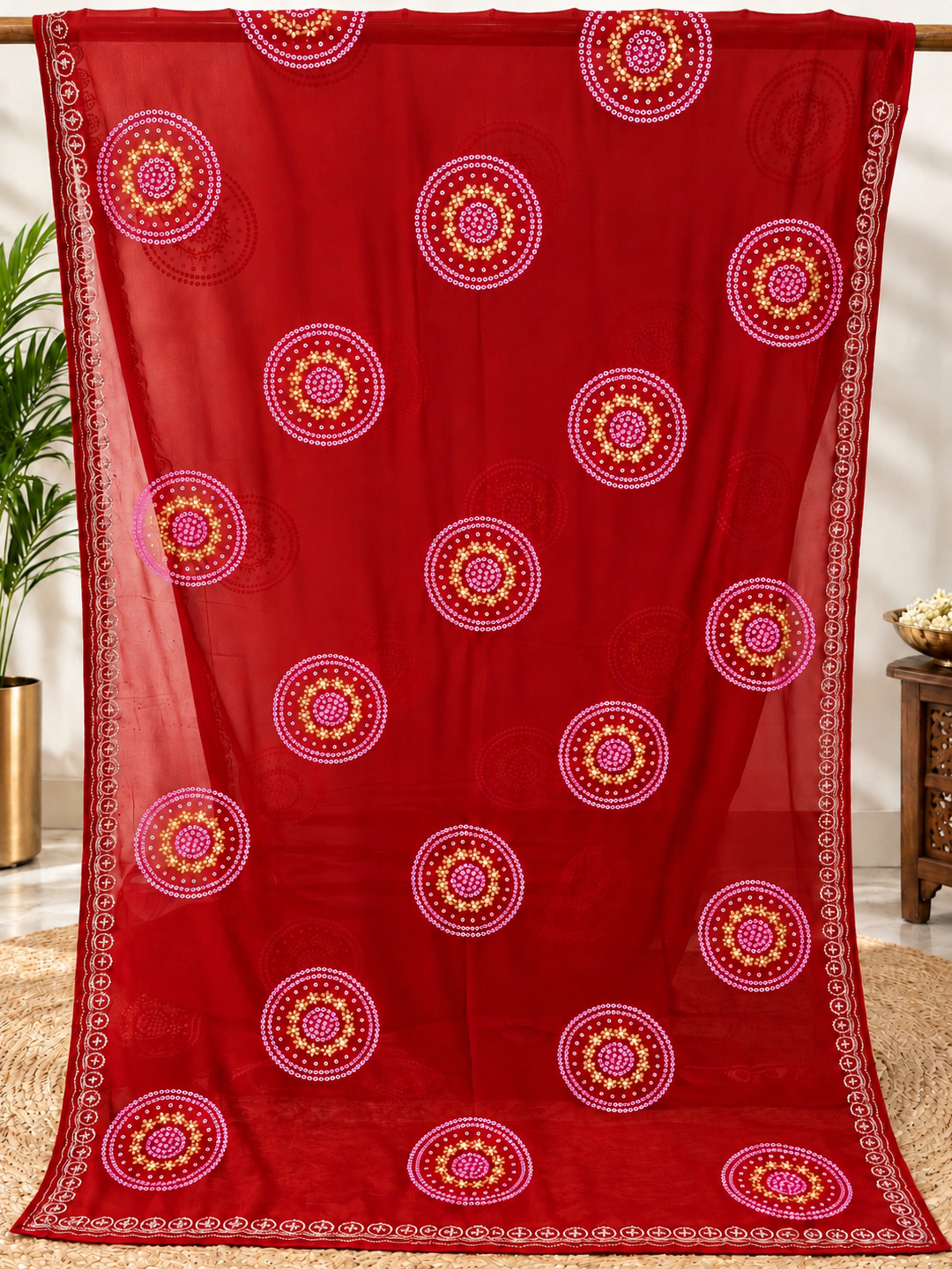 Red Hand-Painted Bandhani Georgette Saree – Festive Wear