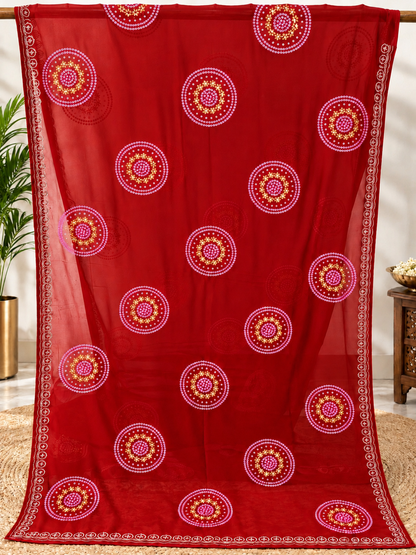 Red Hand-Painted Bandhani Georgette Saree – Festive Wear