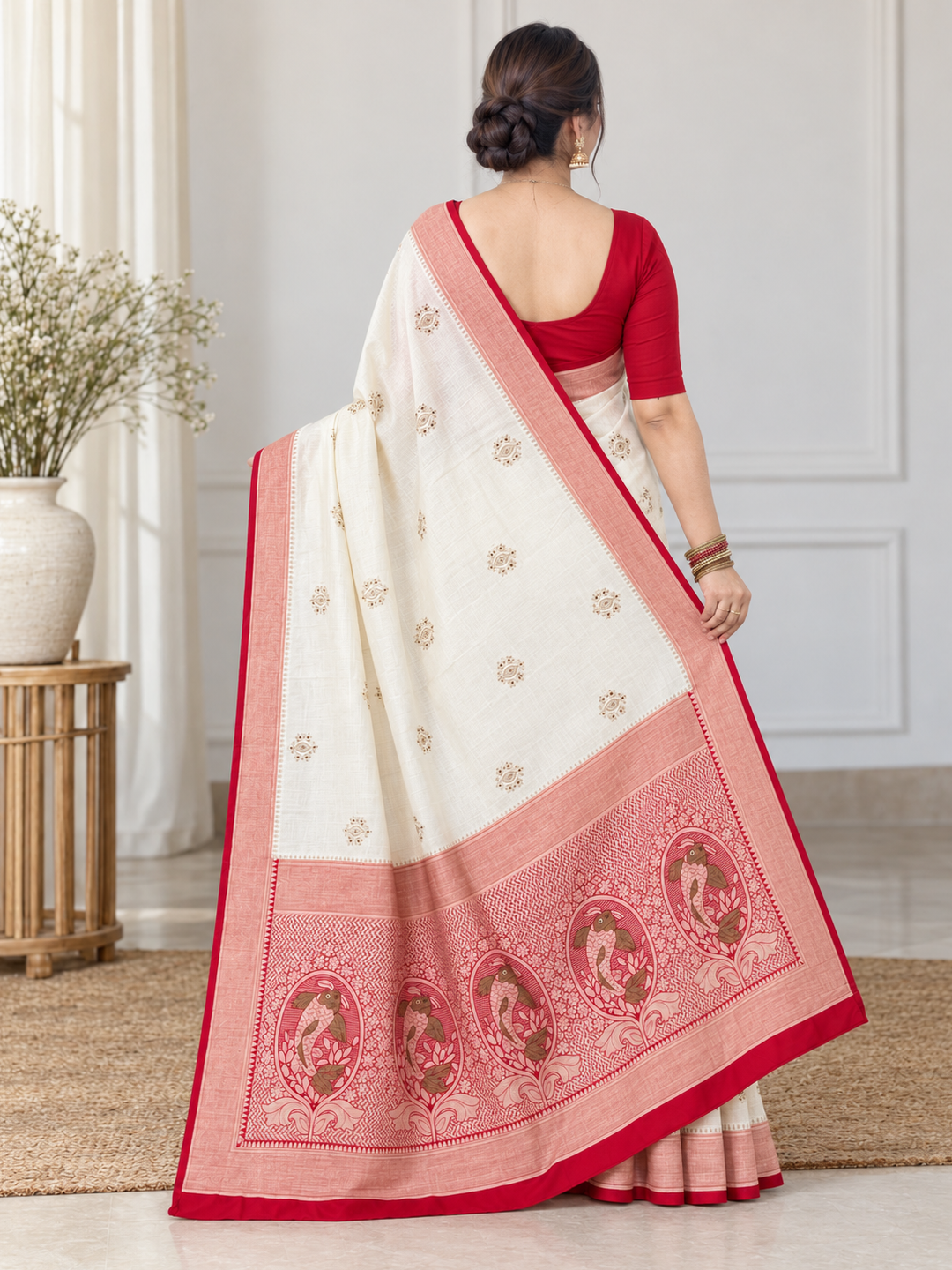 Off-White and Red Border Silk Saree