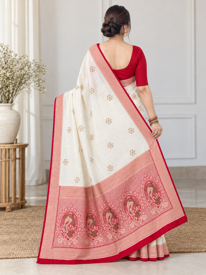 Off-White and Red Border Silk Saree