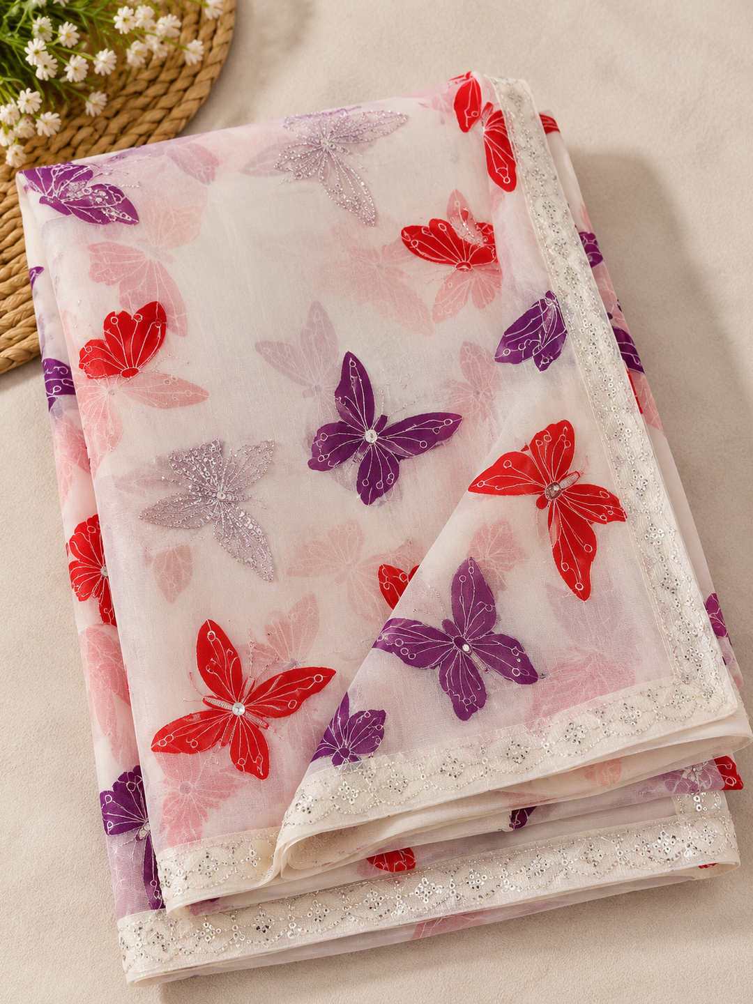 Off-White Butterfly Print Georgette Saree