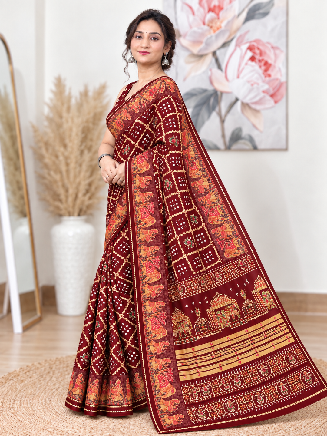 Maroon Chuneri Saree (Moss Crush) – Rich, Textured Elegance