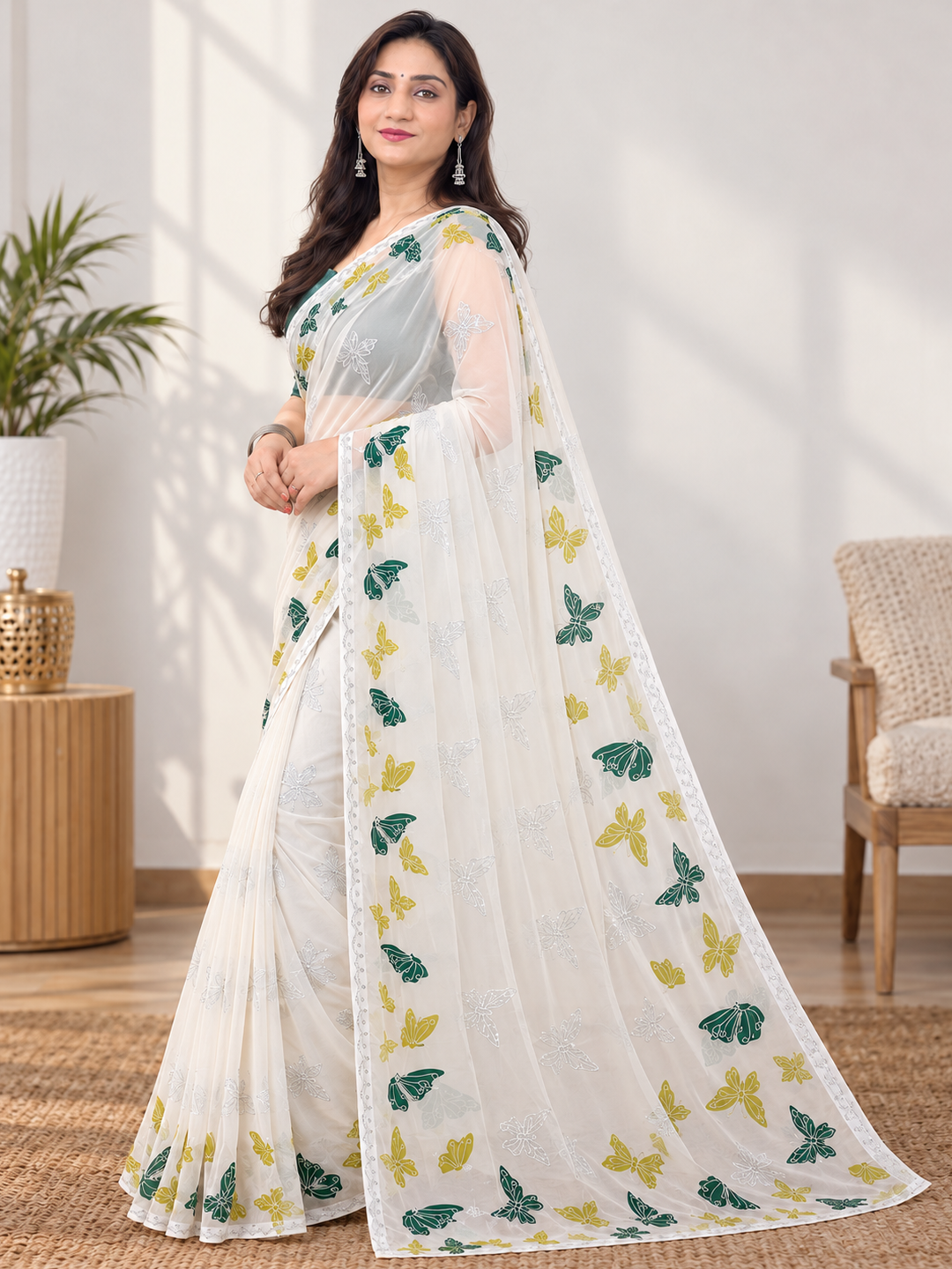 Off-White Butterfly Print Georgette Saree