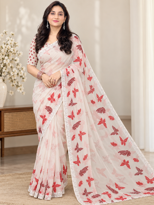 Off-White Butterfly Print Georgette Saree