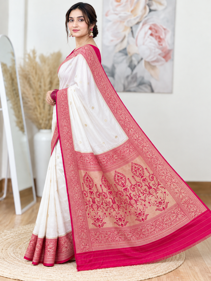 White and Magenta Banarasi Silk Saree – Classic, Luxe Elegance