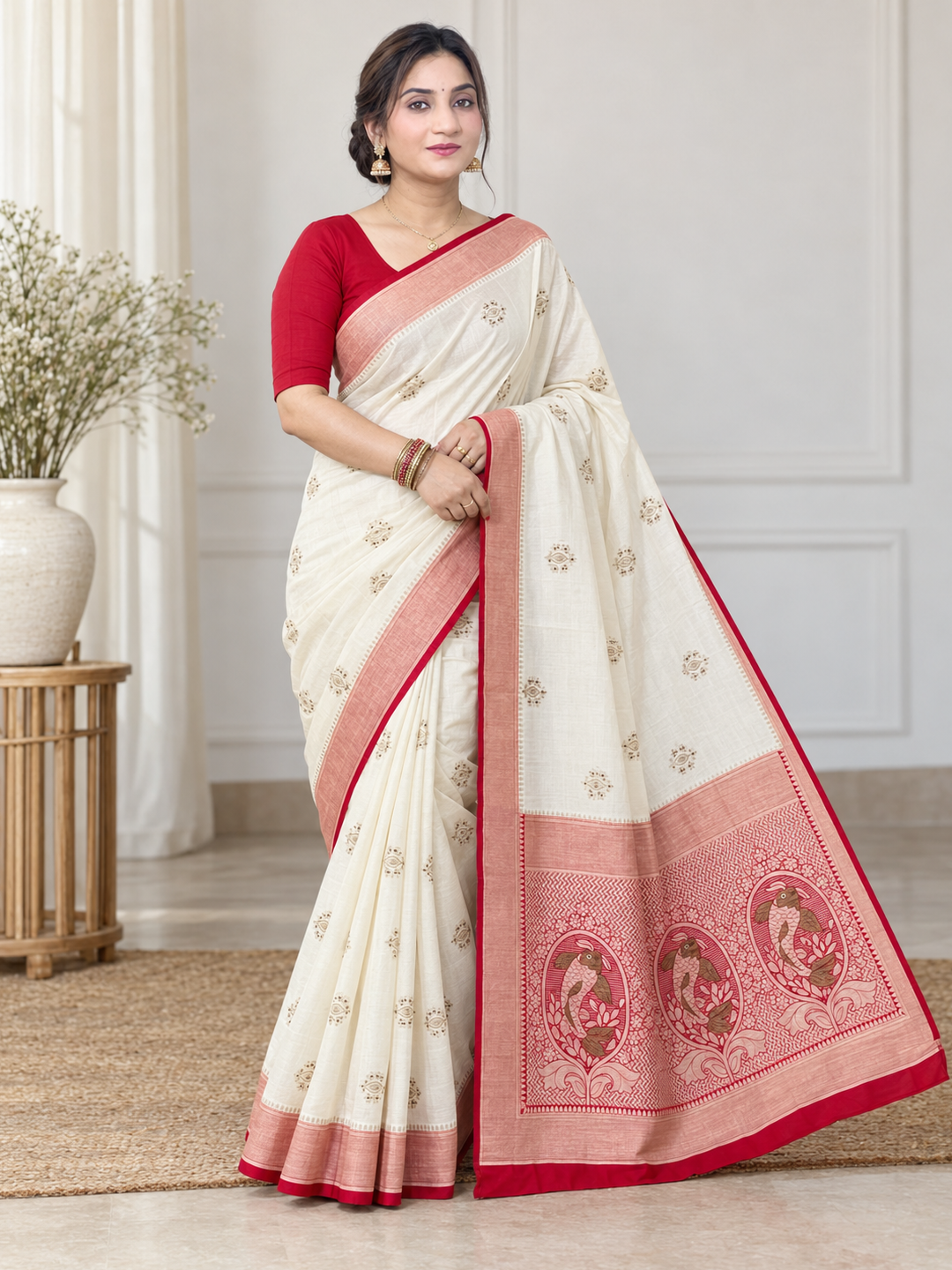 Off-White and Red Border Silk Saree