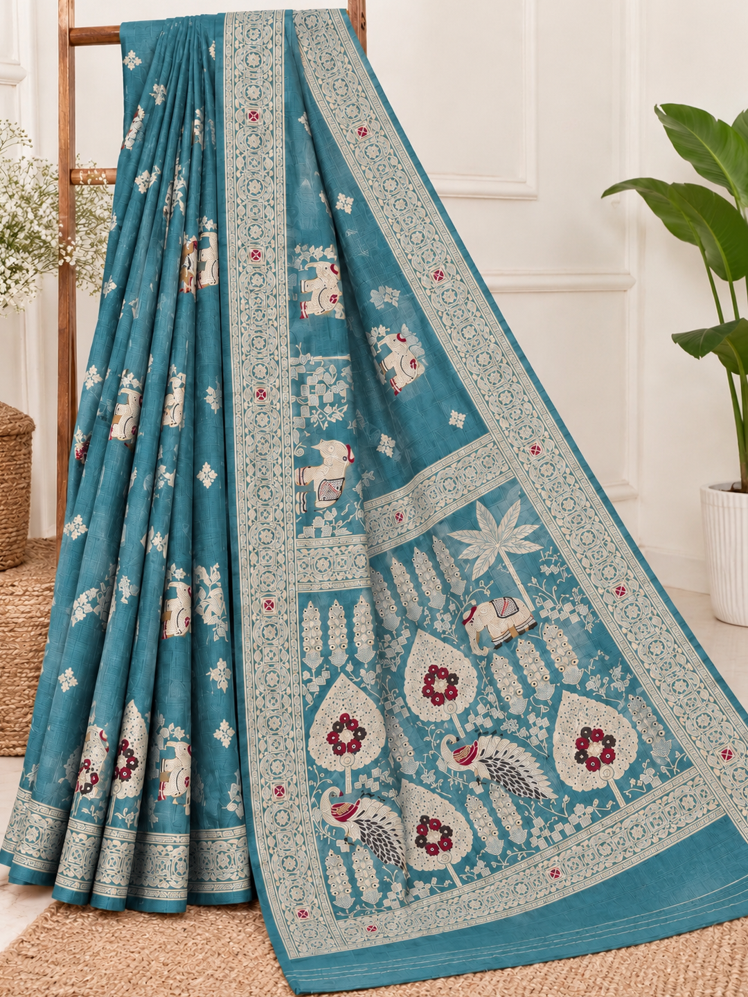 Teal Blue Russian Silk Banarasi Saree – Regal, Luxe Elegance