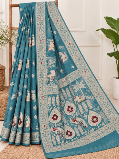 Teal Blue Russian Silk Banarasi Saree – Regal, Luxe Elegance