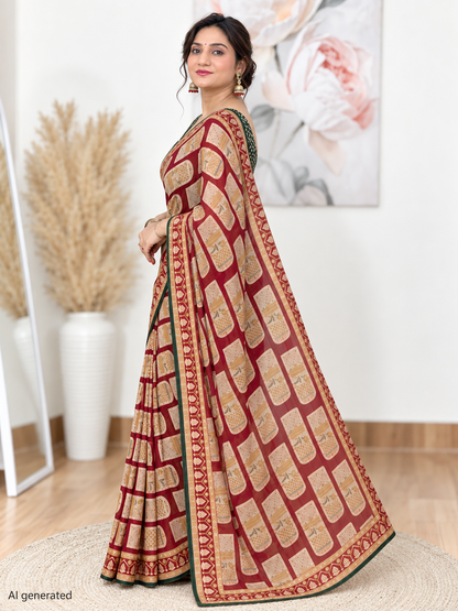 Maroon Printed Brasso Saree – Rich, Contemporary Elegance