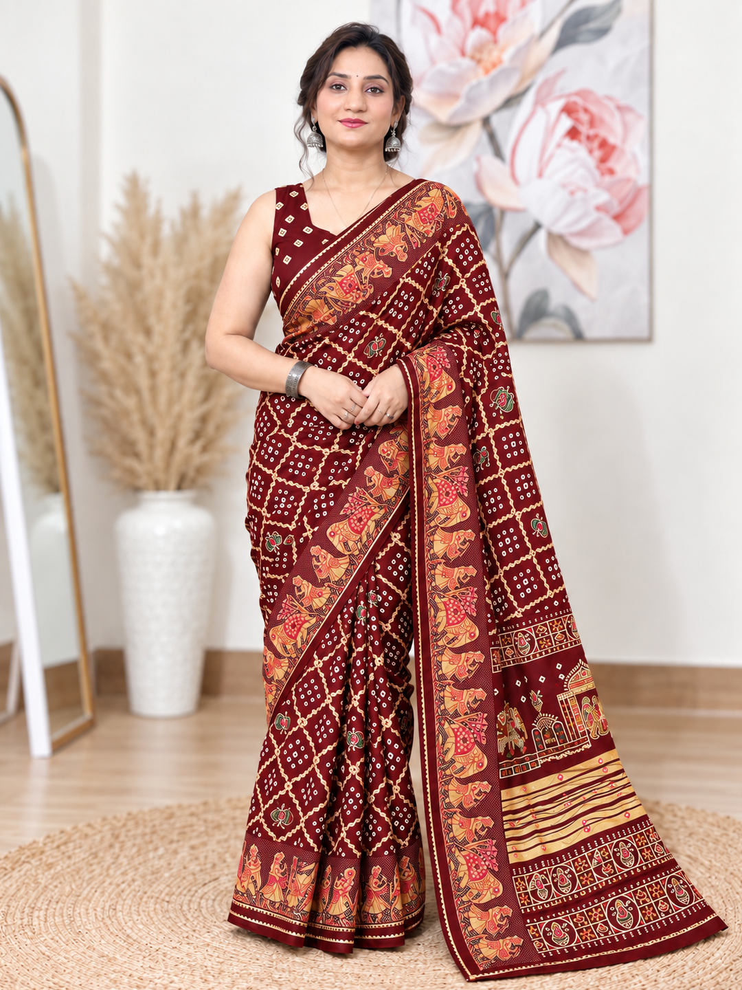 Maroon Chuneri Saree (Moss Crush) – Rich, Textured Elegance