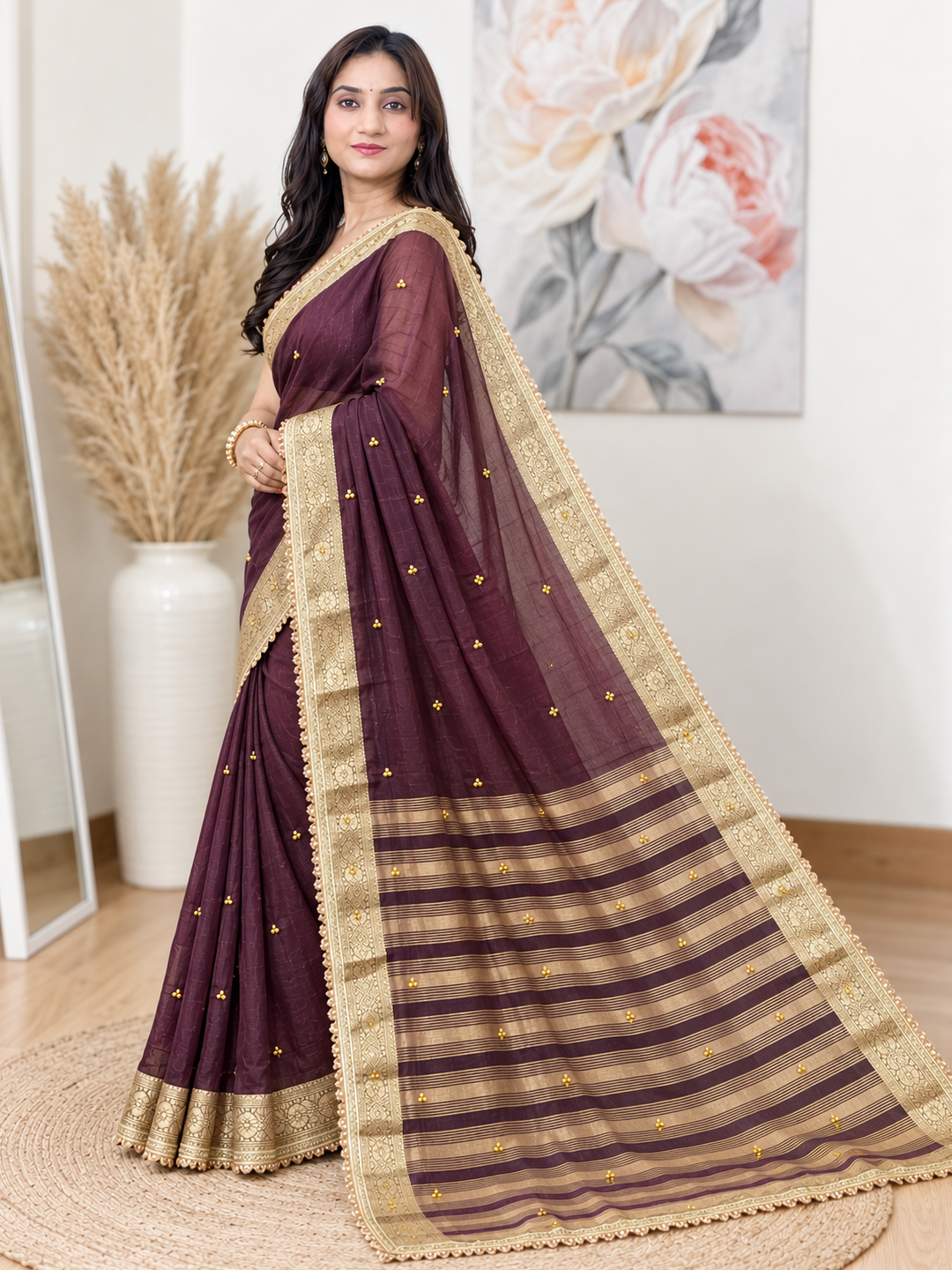 Wine Ghunghroo Organza Saree – Festive Wear