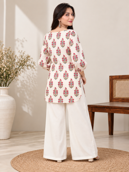 Ivory Blossom Short Cotton Kurti