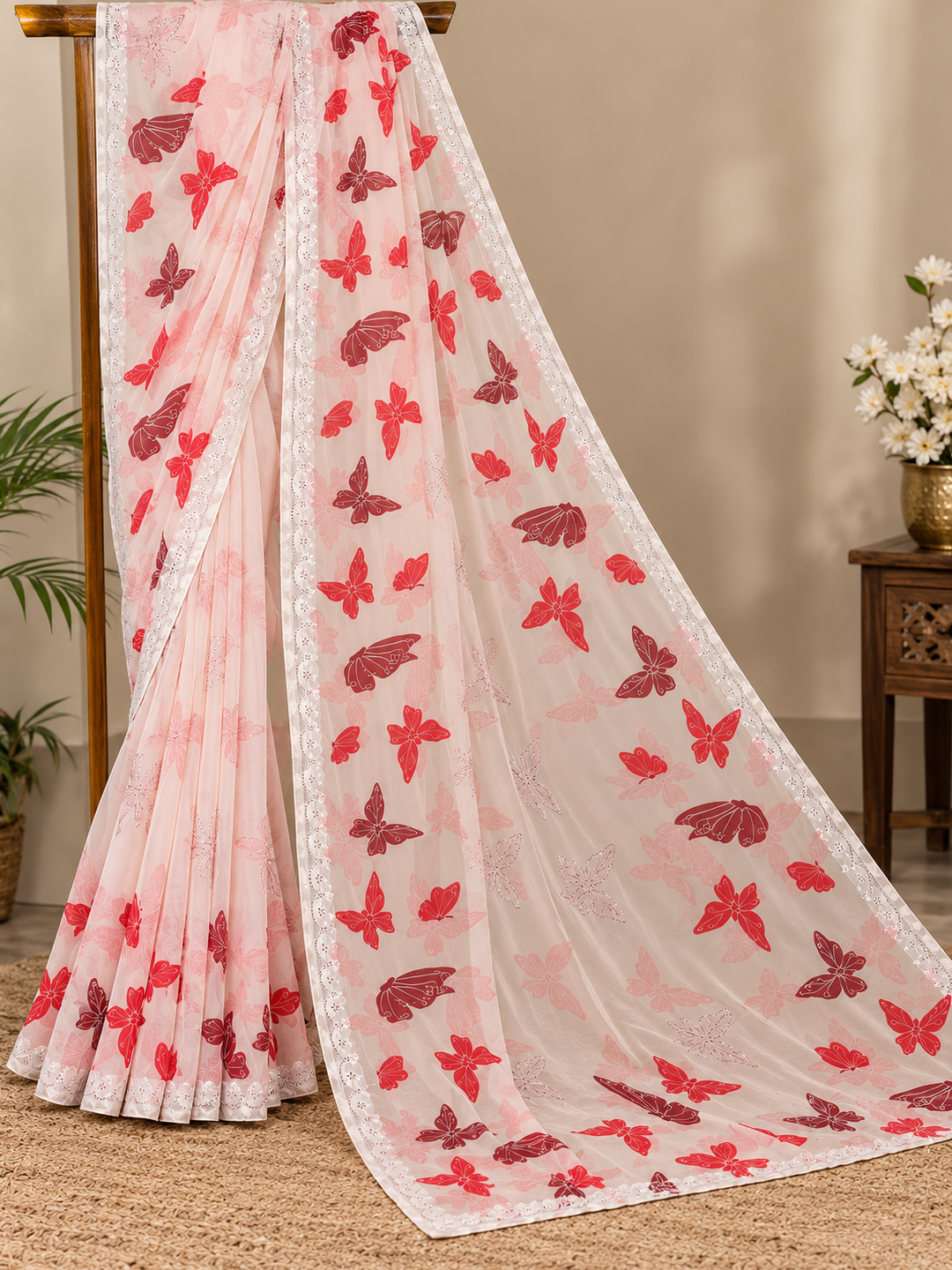 Off-White Butterfly Print Georgette Saree