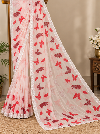 Off-White Butterfly Print Georgette Saree