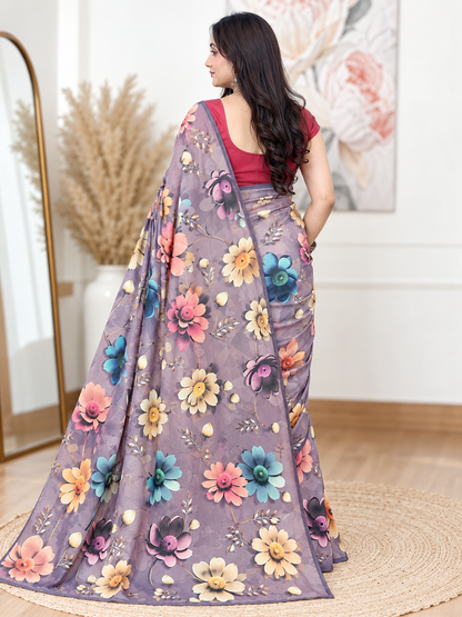 Purple Floral Digital Print Georgette Saree