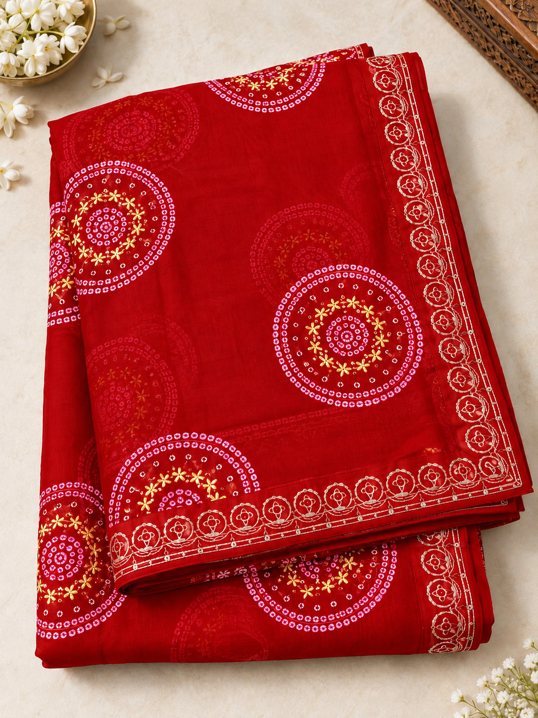 Red Hand-Painted Bandhani Georgette Saree – Festive Wear