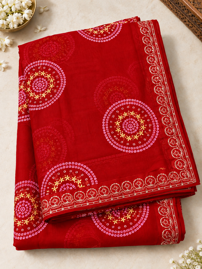 Red Hand-Painted Bandhani Georgette Saree – Festive Wear