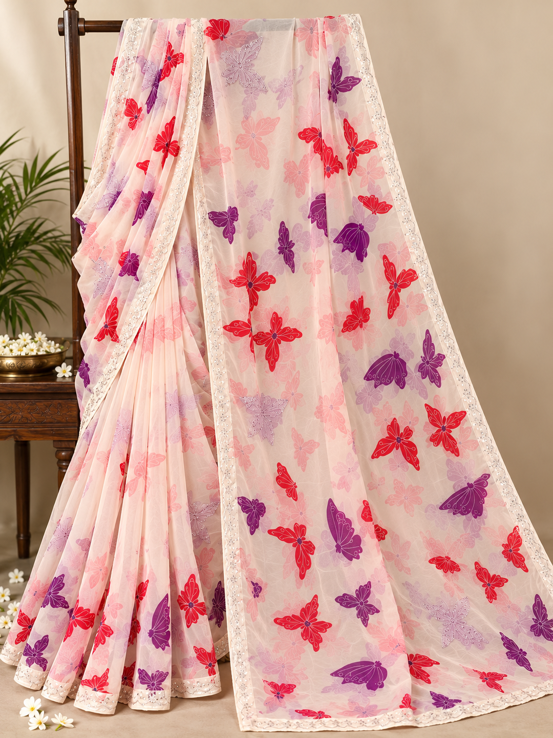 Off-White Butterfly Print Georgette Saree