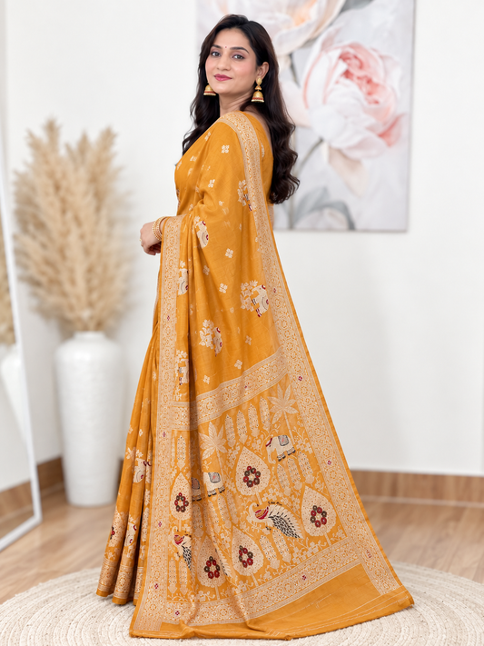 Mustard Yellow Russian Silk Banarasi Saree – Warm, Luxe Elegance
