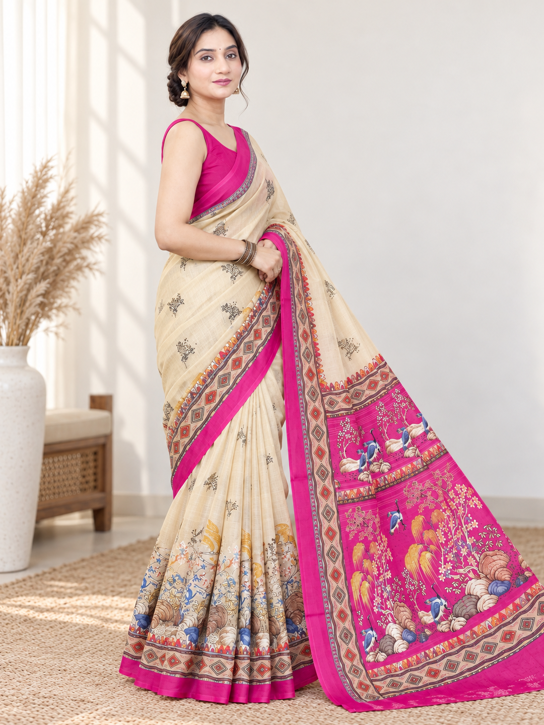 Beige and Pink Georgette Saree