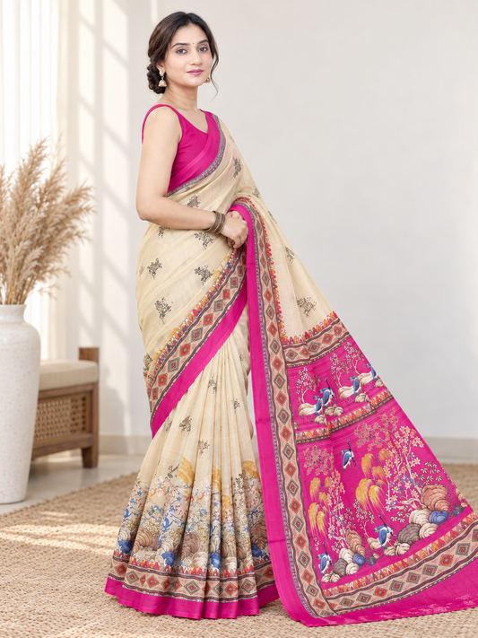 Beige and Pink Georgette Saree