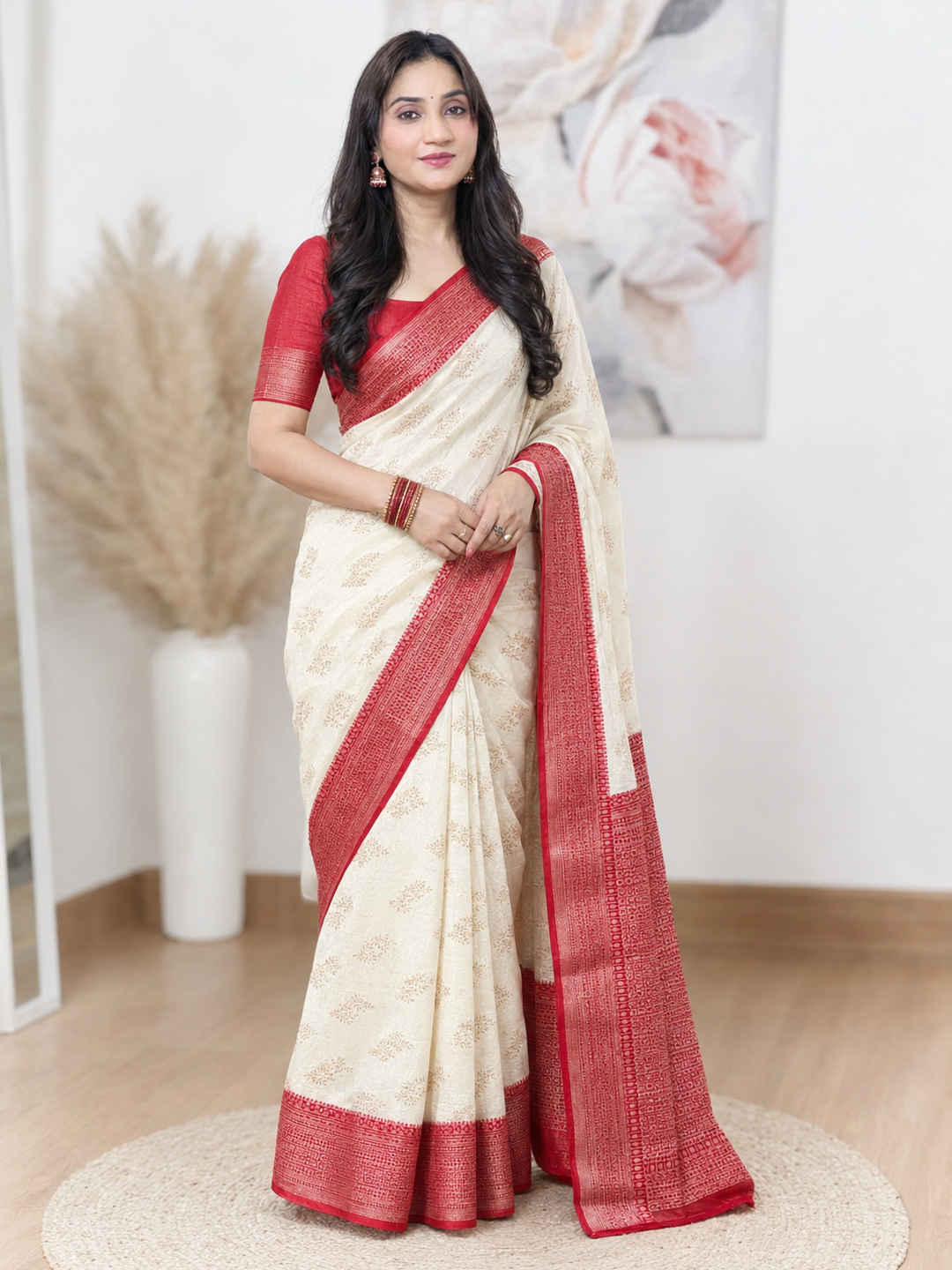 Off-White and Red Border Silk Saree