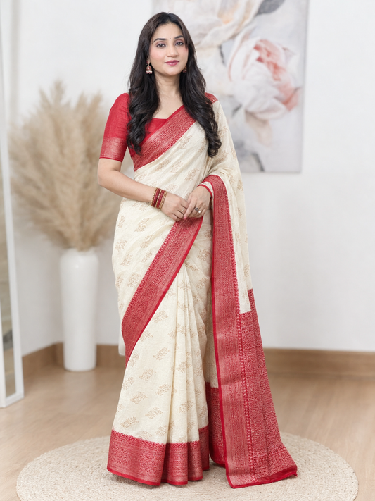 Off-White and Red Border Silk Saree